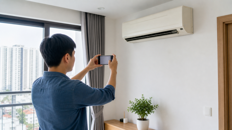 Người chụp ảnh máy lạnh cũ để đăng bán