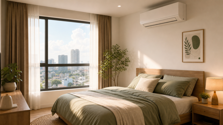 Phòng ngủ ấm cúng có máy lạnh treo tường